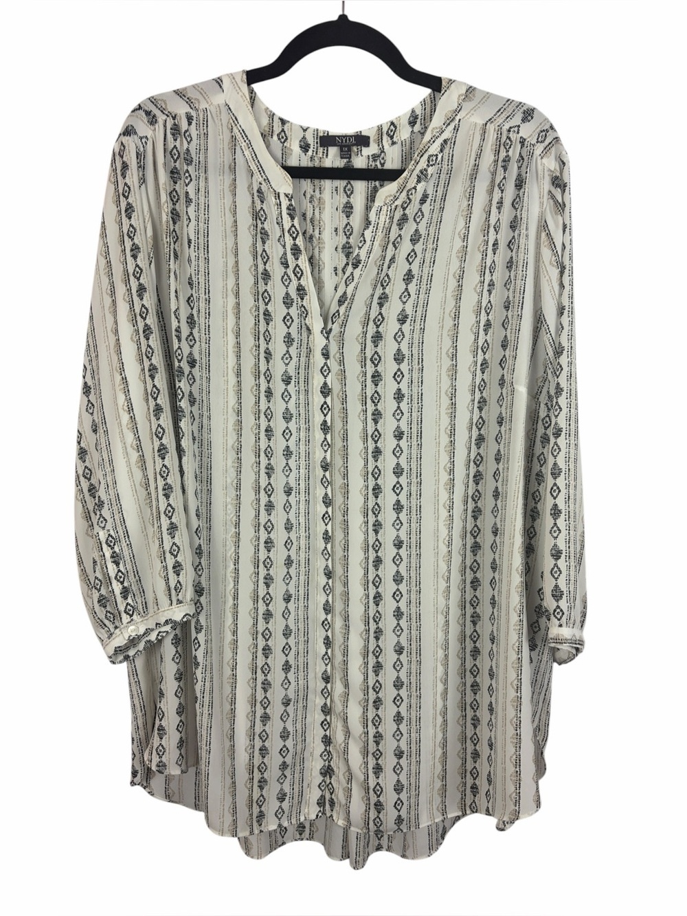 NYDJ Los Angeles Boho Print Peasant Blouse 1X Ivory Black Roll Tab Sleeve